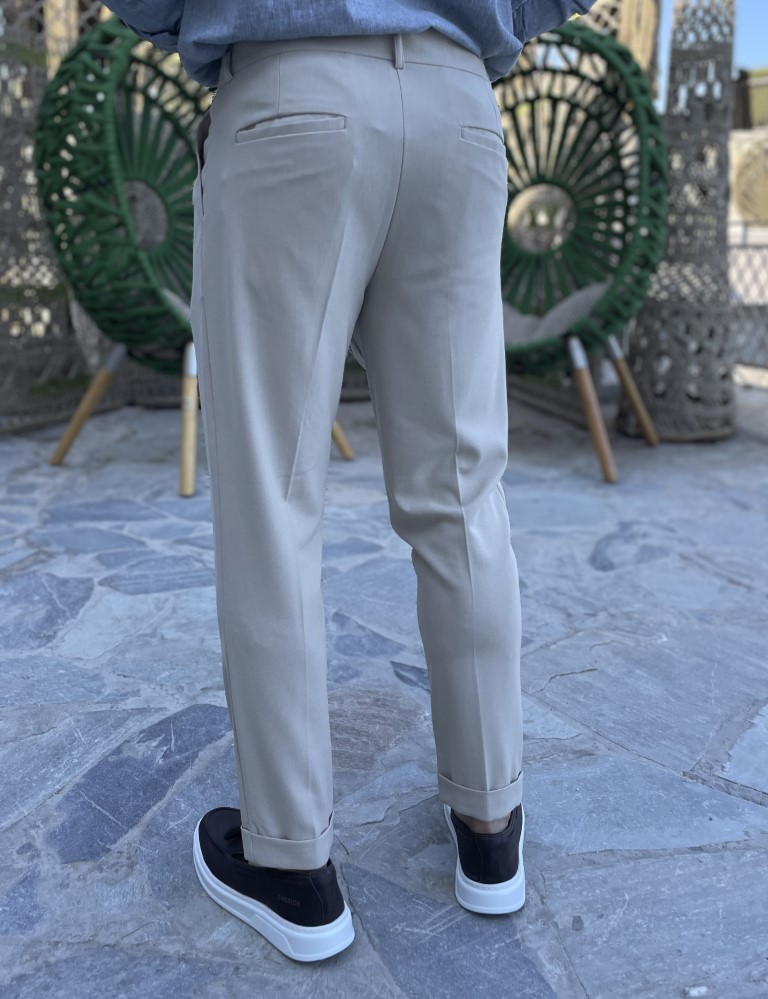 Ανδρικό μπεζ υφασμάτινο παντελόνι με πιέτες και φάσα στην μέση FCL00395B φωτογραφία